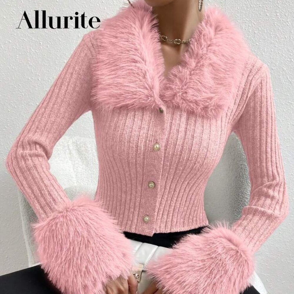 Shein new never worn pink faux fur sweater with pearl buttons medium